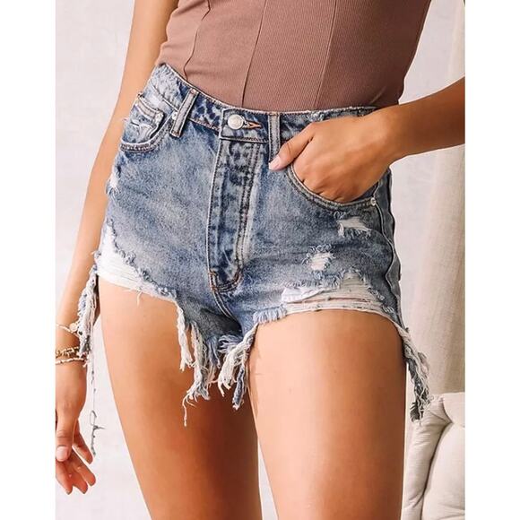 Signature8 Cotton Distressed Denim Ultra High Waisted Shorts Medium - Picture 1 of 12